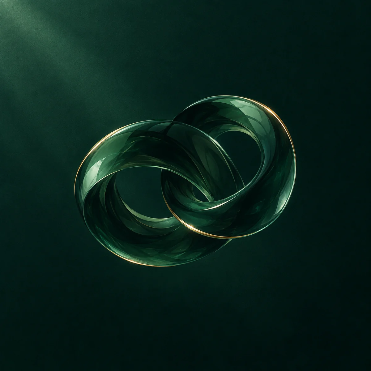Abstract dark green obsidian wave coiling into two smooth loops with a thin brass rim light